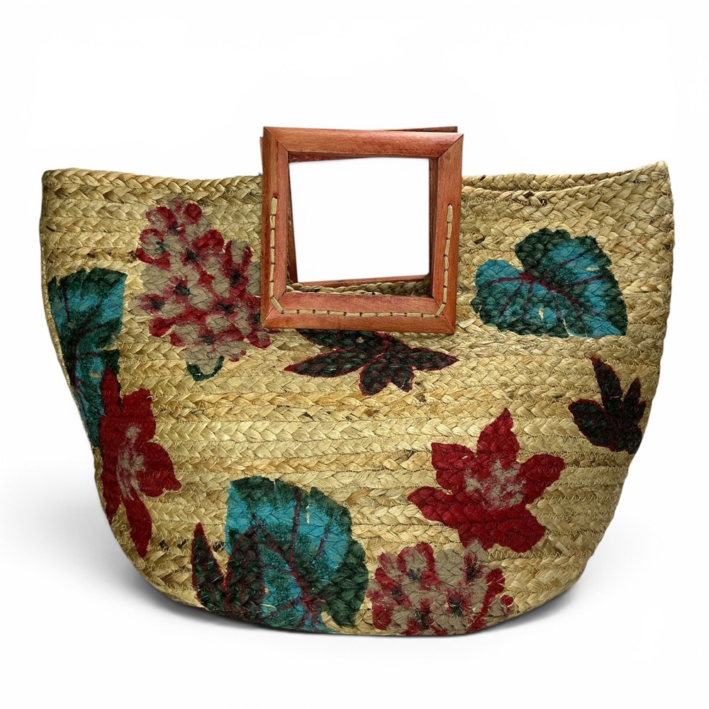 Antik Kraft Tan Floral Jute Tote Bag Women Large Woven Wood Handle Straw Shopper - Picture 1 of 16